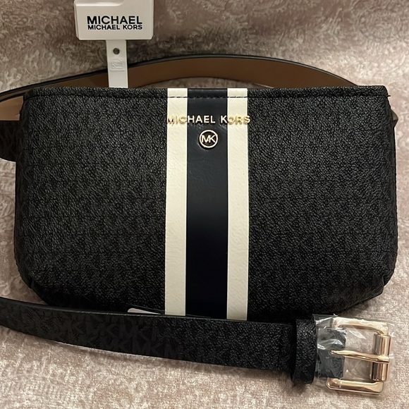 Brand New Michael Kors Center Stripe Belt Bag Zippered Fanny Pack Black & Blue main image 10